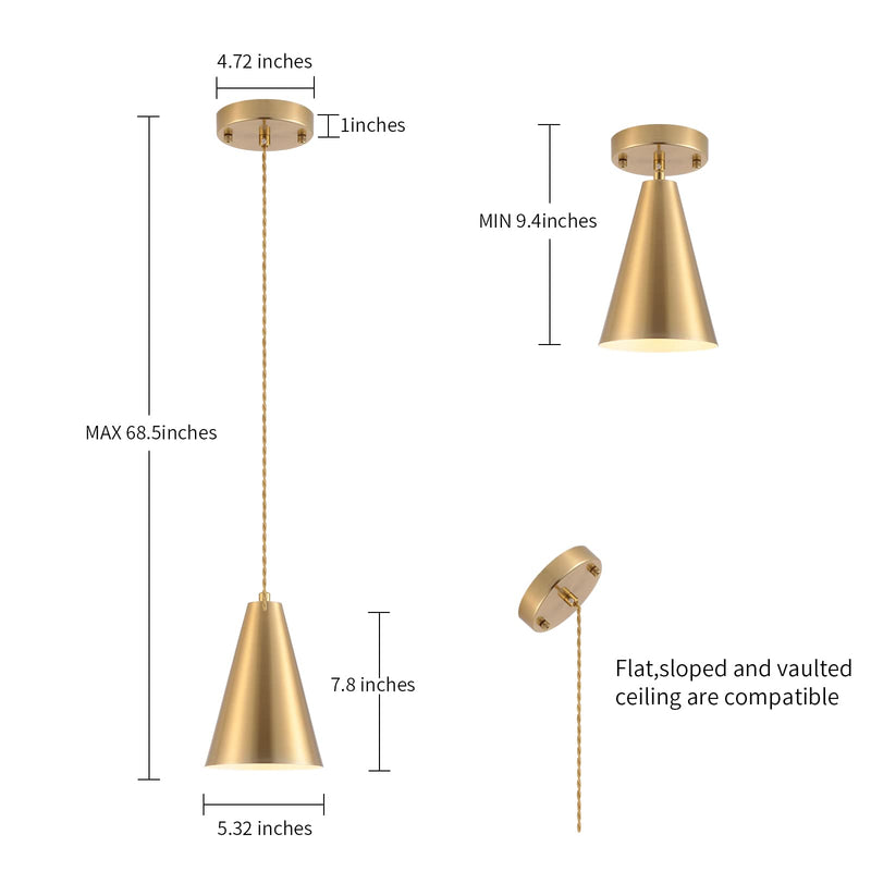 Gold Pendant Lights Kitchen Island,Dining Room Light Fixtures Over Table 3 Pack with Brushed Brass Cone Metal Shade, Modern Farmhouse Mini Chandeliers,Adjustable Cord Hanging Lighting for Bar,Sink 3Pack Gold