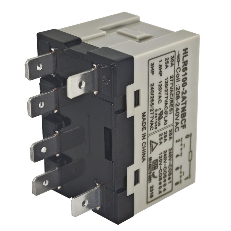 HLR6100-2ATNBCF 208-240VAC Compressor Relay – 30A 277VAC 6-Pin DPST-NO Electrical Relay with Quick Connect Terminals for High-Voltage and Inductive Loads