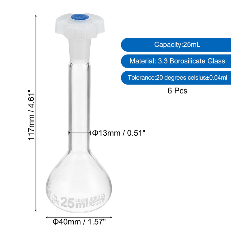 PATIKIL 25ml Volumetric Flask, 6Pcs 3.3 Borosilicate Glass Graduated Volumetric Measuring Flask with Plug Cap Tolerance 0.04ml for Lab Experiment, Clear