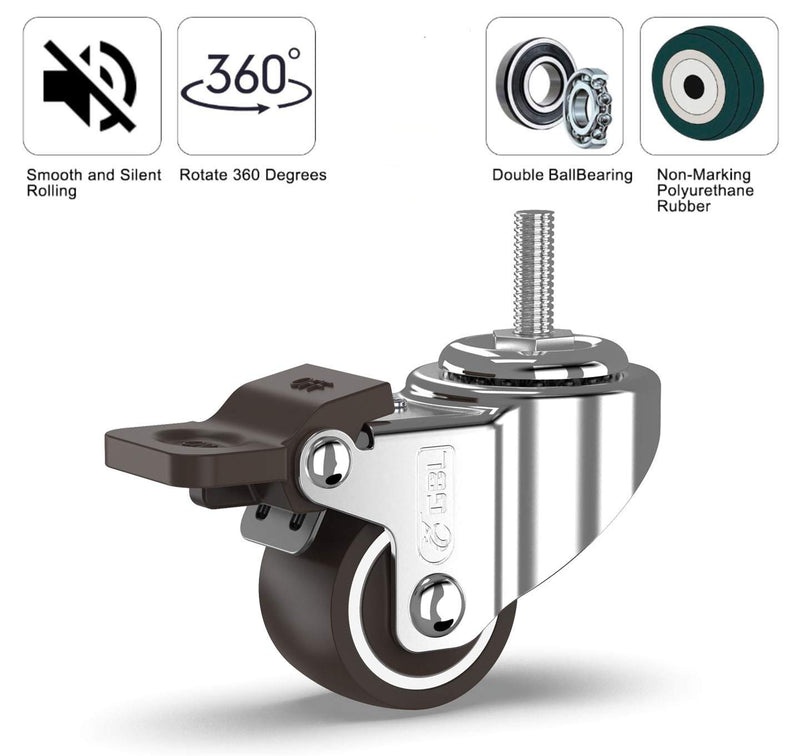 GBL 1" inch Small Caster Wheels with 2 Brakes -1/4" -20 x 3/5" (Stem Dia. 1/4", Length 3/5") - 90Lbs - Low Profile Castor Wheels with Brakes - Set of 4 No Floor Marks Silent Casters - Mini Wheels