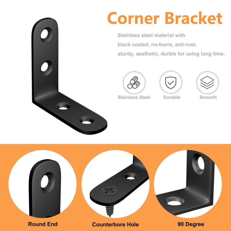 Blingstar L Bracket Stainless Steel Corner Brace 16 Pcs 1.57x1.57 Inch Joint Right Angle Bracket 90 Degree Corner Fastener for Wood Furniture Bedframe Cabinet Drawer Chair, with 64 Pcs Screws, Black 16Pcs