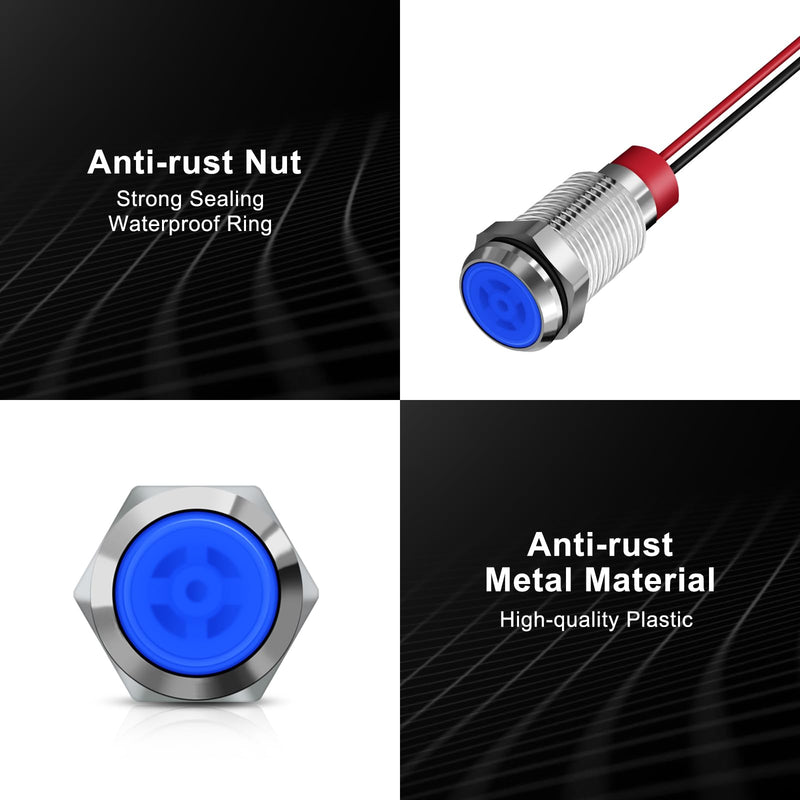 10 Pcs LED Metal Waterproof Indicator Light, 12-24V 2/5'' Mounting Hole Pre-Wired Pilot Signal Light for Car, Trucks, Boats, Marine, Dash, Industrial Electricity (Blue, 10mm) Blue