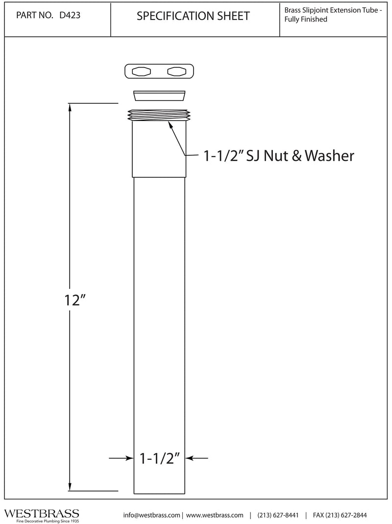 Westbrass D423-RAW 1-1/2" x 12" Slip Joint Extension Tube, 1-Pack, Unfinished