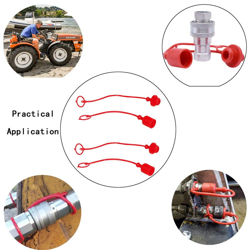 2sets ISO5765-1/4" Hydraulic Coupler Dust Cap,2 Dust Caps + 2 Plugs | Fits Sub-Compact Tractor Male + Female Hydraulic Quick connectors, Red Cap with Retention Ring Keeps Cap Attached to Hose 2 sets ISO5765-1/4"