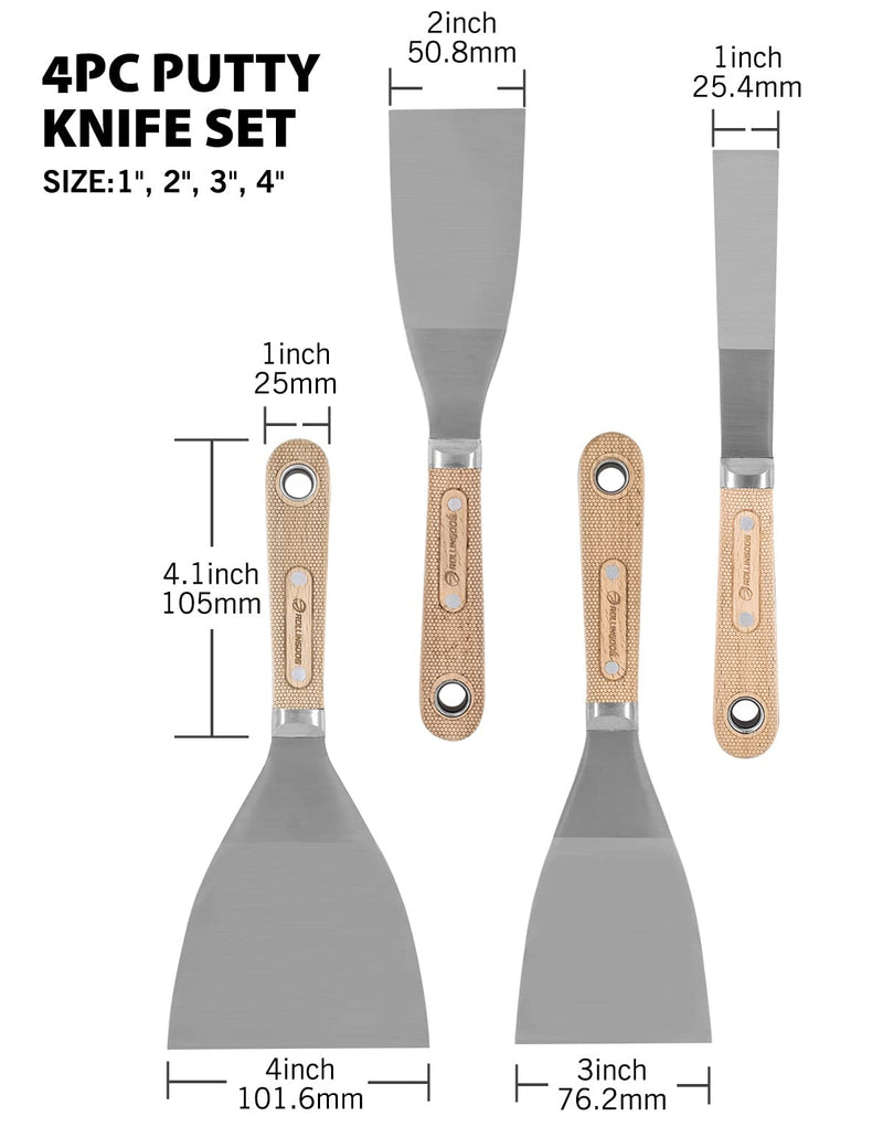 ROLLINGDOG 4PC Putty Knife Scrapers - Stainless Steel Spackle Knife Set with Laser Engraved Wood Handle for Scrapering,Drywall Repairs and Spreading(1",2",3",4")