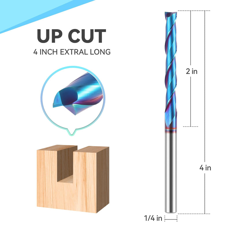 HQMaster Extra Long Spiral Router Bit Upcut 1/4 Inch Shank Solid Carbide CNC Router Bit with Nano Blue Coating CNC Bits End Mill for Woodwork Mortise Slot Trim 1 Pack Up Cut 1/4”Dia x 2”CL x 4”OAL