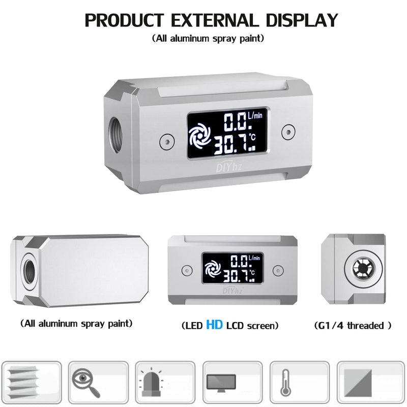G1/4 Aluminum Alloy Shell LCD displaydigital Display Flow Thermometer Temperature Indicator CPU Temperature Monitor Silver