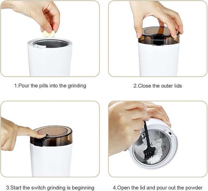 Electric Multifunctional Grinder.Electric Pill Crusher Grinder for Small or Large Pills,to Fine Powder. Pill Crusher Pulverizer Grinder for Elders or Pets. Small Dose Coffee Bean Grinder. (White) White