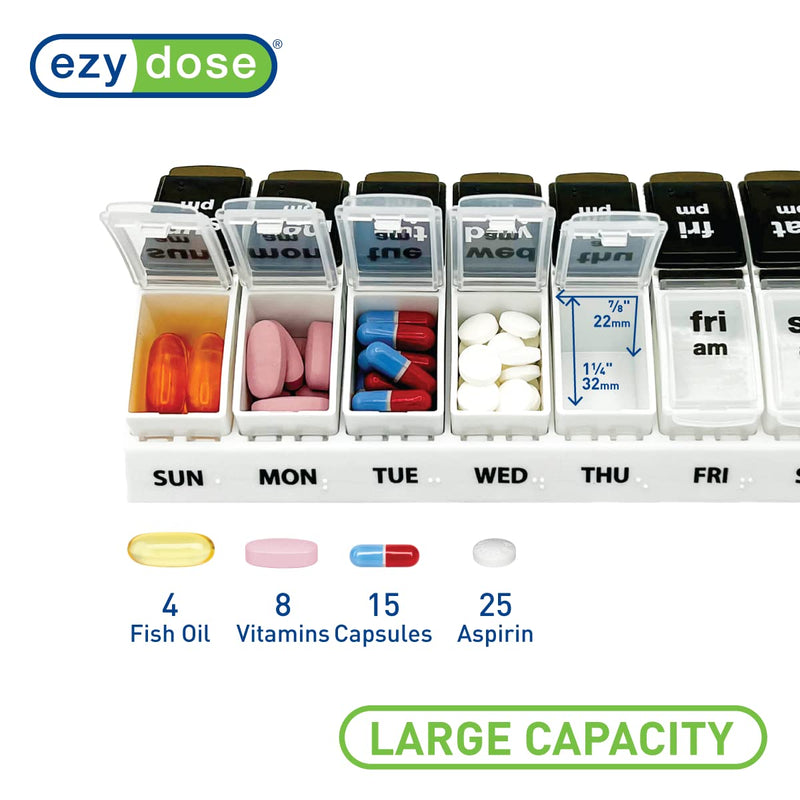 EZY DOSE Weekly (7-Day) Daily AM/PM Pill Case, Medicine Planner, Vitamin Organizer, Supplement Container, Large Pop-Out Compartments, Designed for Travel 2 Times a Day, Black and White Lids Black and Natural
