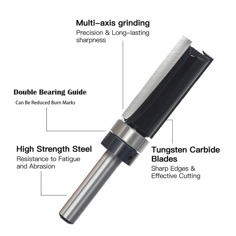 9pcs Pattern Flush Trim Router Bit 1/4 Shank, Carbide Tipped Top Bearing Template Pattern Router Bit, Straight Flush Cut Router Bit, for Wood Trimming 9pcs Pattern Bit 1/4 Shank