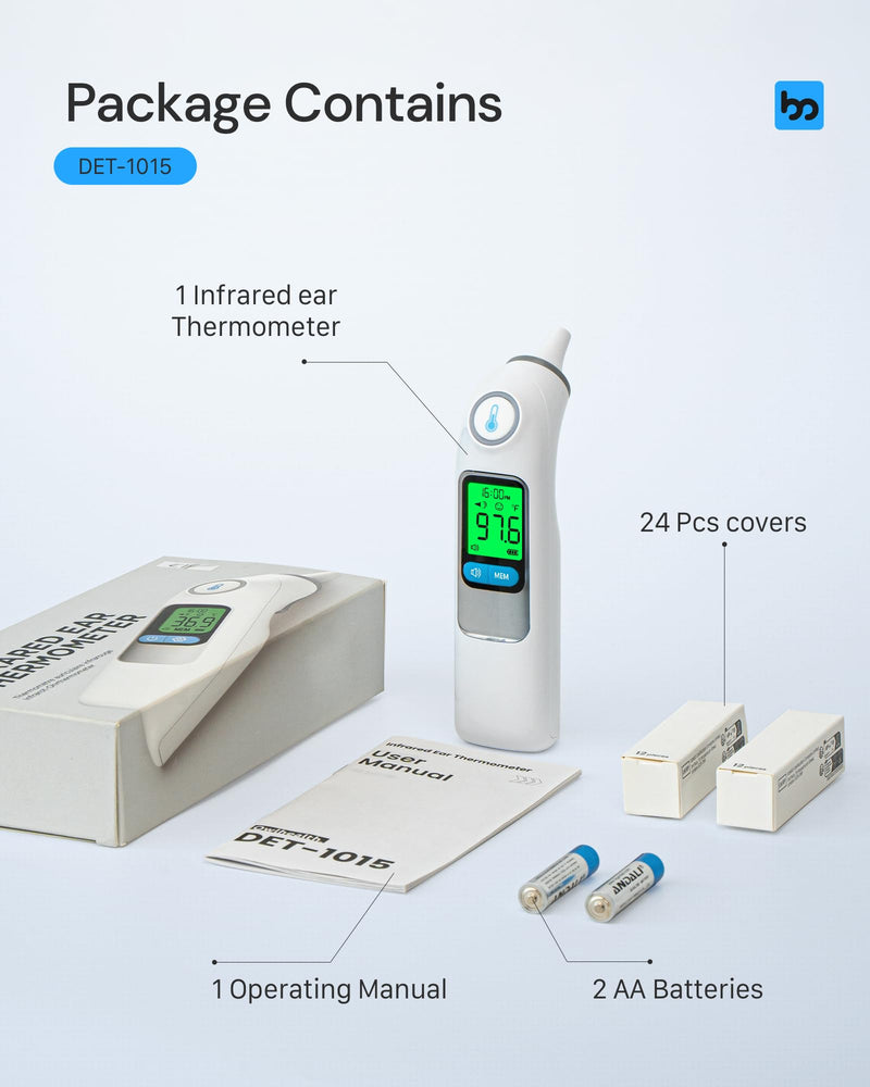 Ear Thermometer, Highly Accurate Ear Thermometer for Kids, Adults and Babies, 30 Memory Recall, 1s Result and 3-Color Fever Alert, with 24 Disposable Probe Covers, White LCD-White