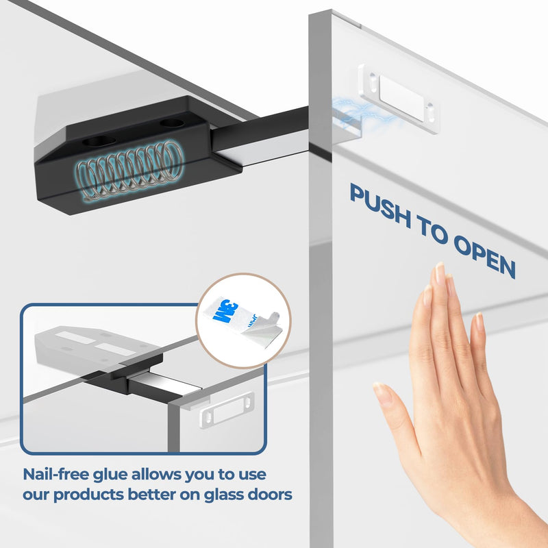 Magnetic Push Latch Without Nail Installation Tonitrui Heavy Duty Magnetic Touch Latches for Large Door Push Release Latch Kitchen Drawer Push Catch Press Out Latch (Black 2 Pack) Black 2 pack