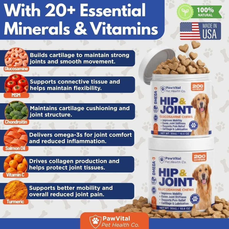 Hip and Joint Supplement for Dogs – Glucosamine Chondroitin MSM Chews for Dogs with Eggshell Membrane & Omega-3 – Joint Pain Relief & Mobility Support for Senior Dogs – 200 Chicken Flavored Soft Chews