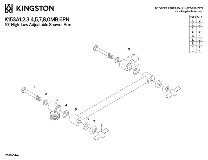 Kingston Brass K153A0MB 10-Inch Adjustable High-Low Shower Arm in Matte Black 11 x 2.5 x 1.56