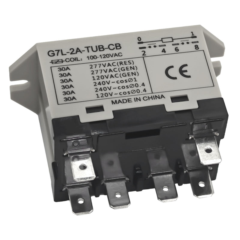 G7L-2A-TUB-CB 100-120VAC Power Relay - 30A 277VAC 6 Pins, DPST Normally Open Contacts, Class B Insulation, QuickConnect Terminal, Upper Bracket Mounting