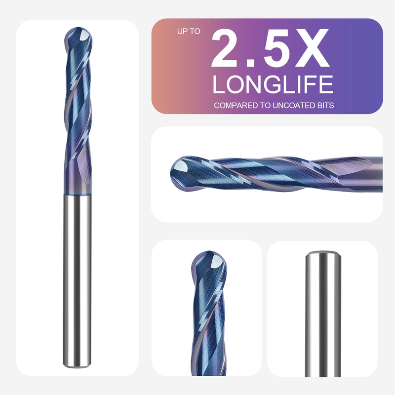 SpeTool Ball Nose CNC Spiral Router Bits, Double Flutes Carbide End Mill 1/4 Inch Shank with TAC Coating, 3 inch Over Length 1/4" Dia -1-1/8" CL - 1/4" Shank