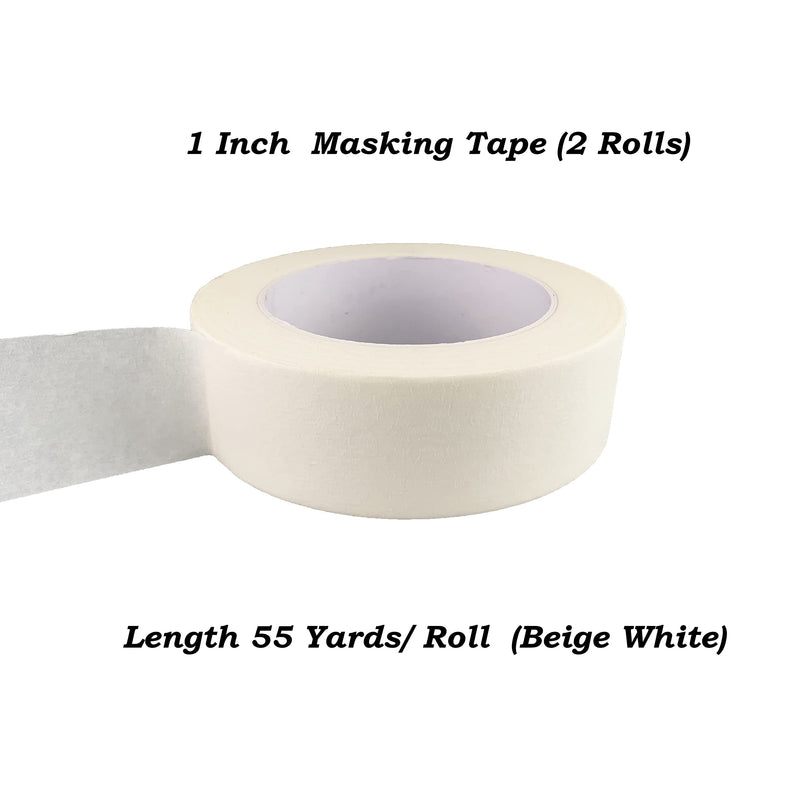 Beige White Masking Tape, 1 Inch x 55 Yards, 2 Rolls, Painters Tape for Painting, Home, Office, School Stationery, Arts, Crafts, Decoration 1Inch 2 Rolls Beige White