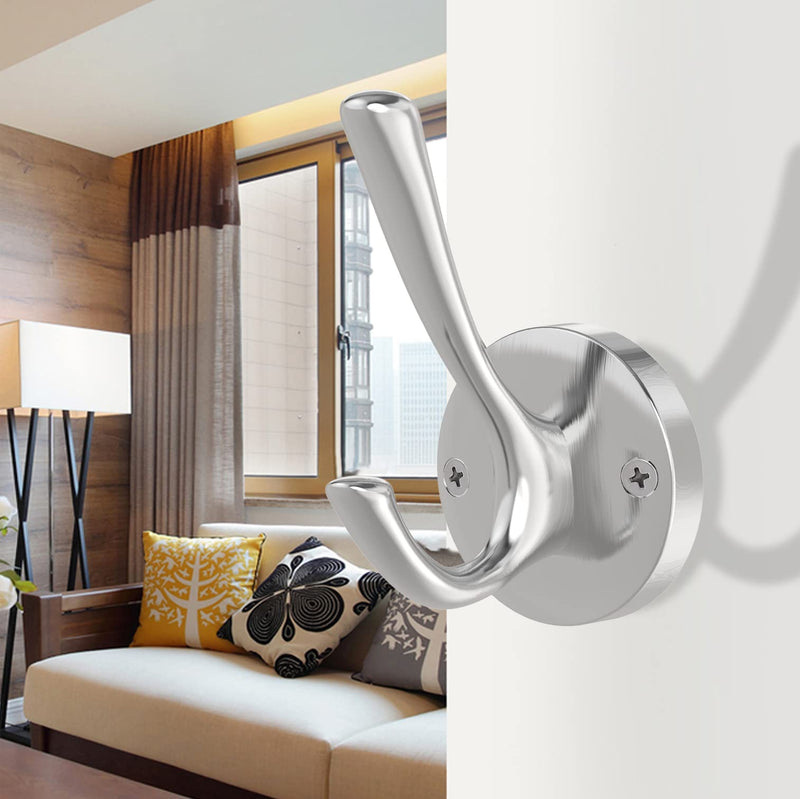 Brushed Nickel Wall Hooks Towel Hooks, 2 Pack Coat Robe Hook Heavy Duty Bathroom Double Hook Wall Mounted, Hand Towel Hooks for Closet Entryway Cubicle Kitchen Silver