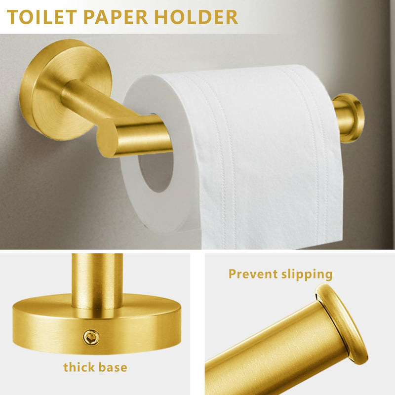 Bathroom Hardware Set Includes Towel Ring, Toilet Paper Holder and 2 Towel Hooks, SUS304 Stainless Steel Modern Wall-Mounted Bathroom Set, Rustproof Bathroom Fitting Set (Brushed Gold) Brushed Gold