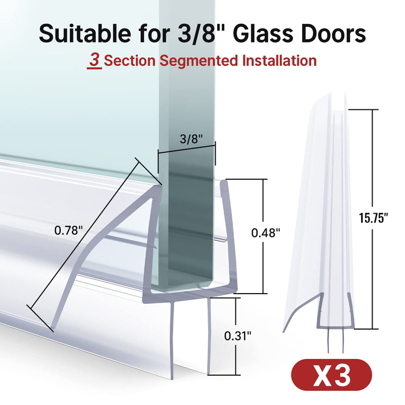 AmazerBath Shower Door Bottom Seal 47.25 Inches (15.75 Inches * 3), 3 Section Segmented Shower Installation Kit Frameless Glass Door Seal Strip - Suitable for 3/8 Inch Glass Bottom Seal 3/8