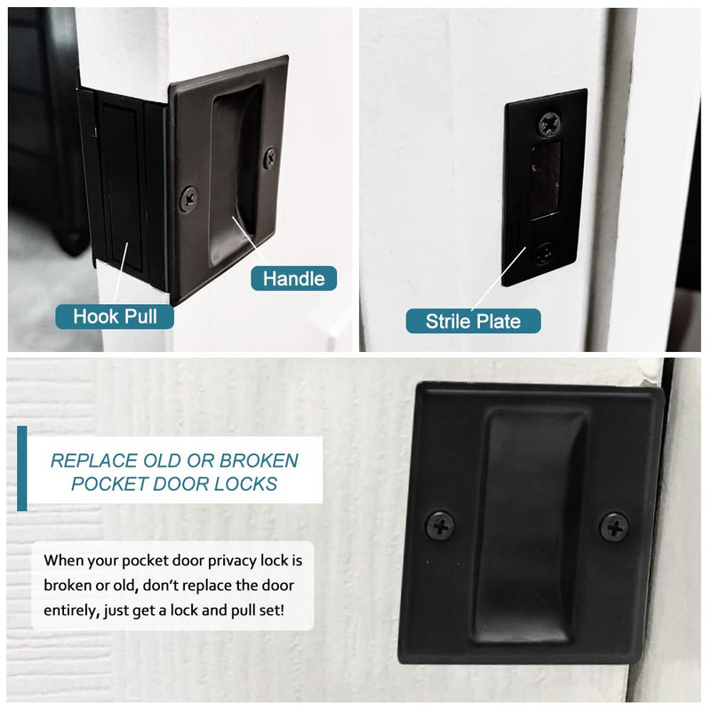Pocket Door Handle Pull Without Switch Plate,Solid Pocket Passage Door Pull, Easy Install 2-3/4”x2-1/2”, for 1-3/8” Thickness Door,Matte Black 1 Pack