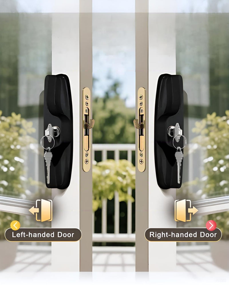 Aluminum Sliding Glass Patio Door Handle Set with Mortise Lock & Keys, Fits 1-1/4" to 2" Thick Doors 3-15/16" Hole Spacing, Adjustable Thumb Latch, Non-Handed, Black Keyed Handles + Mortise Lock