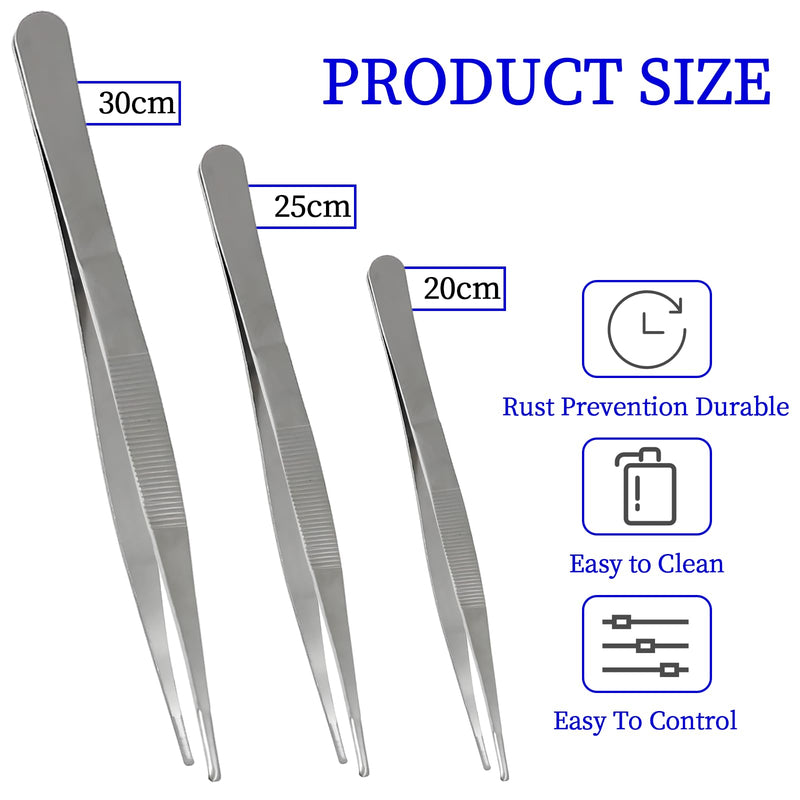3Pcs Stainless Steel Tweezer Set (8" 10" 12"), Long Tweezers with Precision Serrated Straight Tips, Non-slip Multitool Tweezer for Cooking, Repairing, Medical, Garden 8" 10" 12" (1 Set)