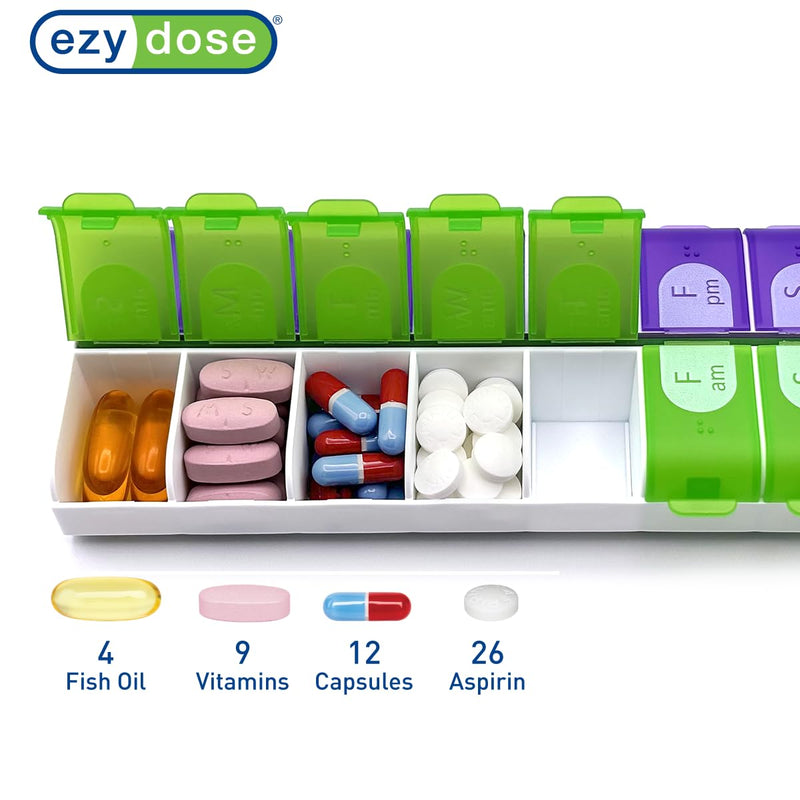 EZY DOSE Pill Organizer Weekly (7-Day), Medicine Planner, Vitamin Box, Daily Planner Case, 2 Times a Day, AM PM, Large Compartments, Easy Fill All Compartments at Once, Green and Purple, BPA Free