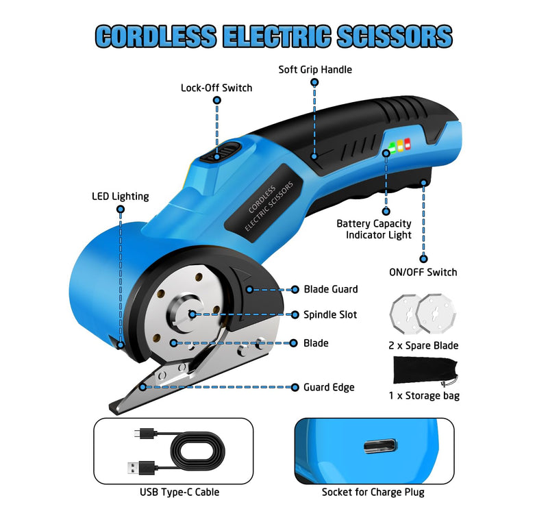 Cordless Electric Scissors,4V Rechargeable Cardboard Cutter Heavy Duty Scissor with Safety Lock & LED Light for Box Carpet Plastic Fabric(Blue)