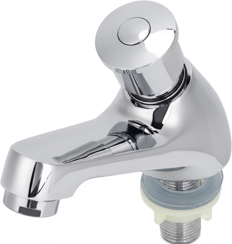 Time Delay Faucet G1/2 Thread, Self Closing Water Saving Tap Copper Chrome Plated, Single Cold Metering Valve for Public Outdoor and Laundry Utility