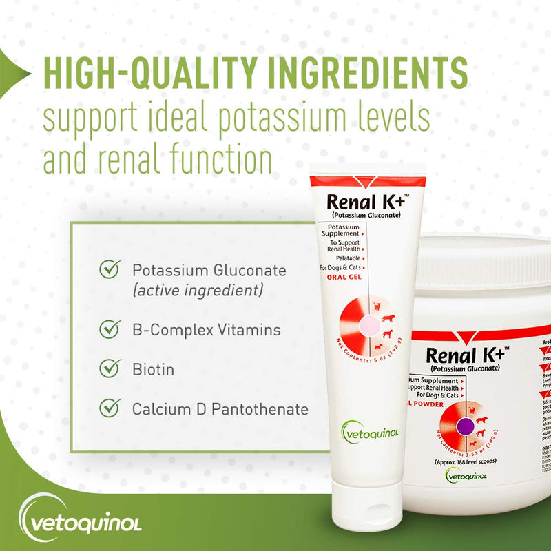 Vetoquinol Renal K+ (Potassium Gluconate) Potassium Supplement Powder for Dogs and Cats, 3.5oz
