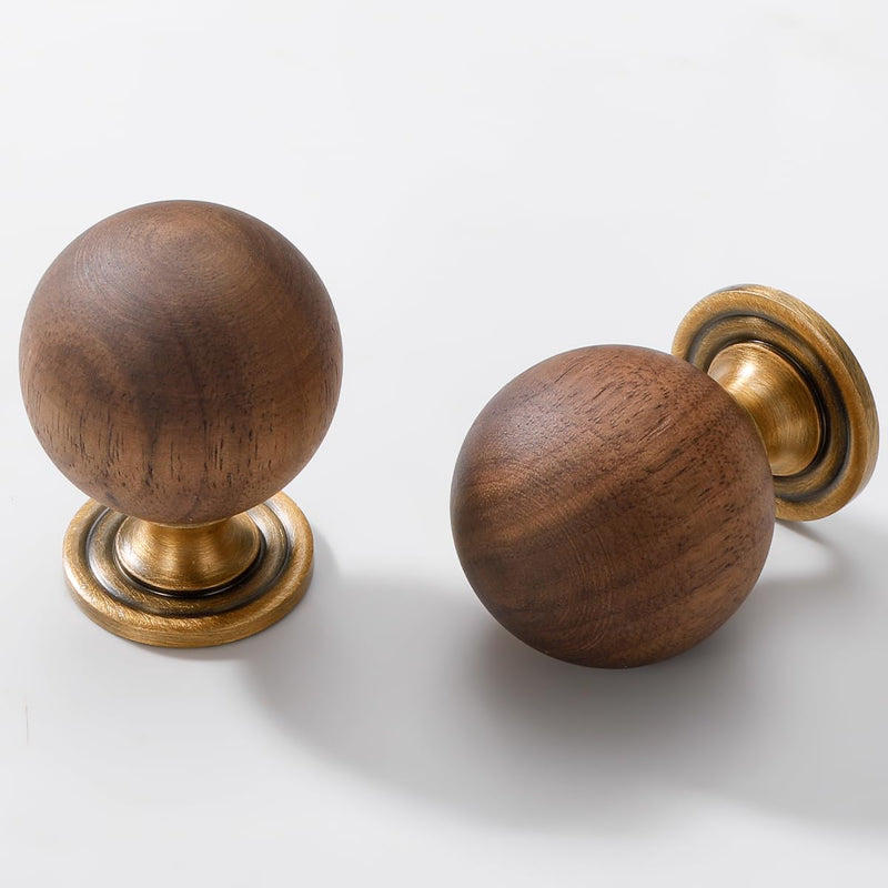 10 Pack Walnut Wood Sphere 1.18 Inch (30mm) Copper Base Wood Kitchen Pulls Cabinets Furniture Pull for Dresser Wardrobe Cupboard Drawer Knobs 10 Pack Walnut Color