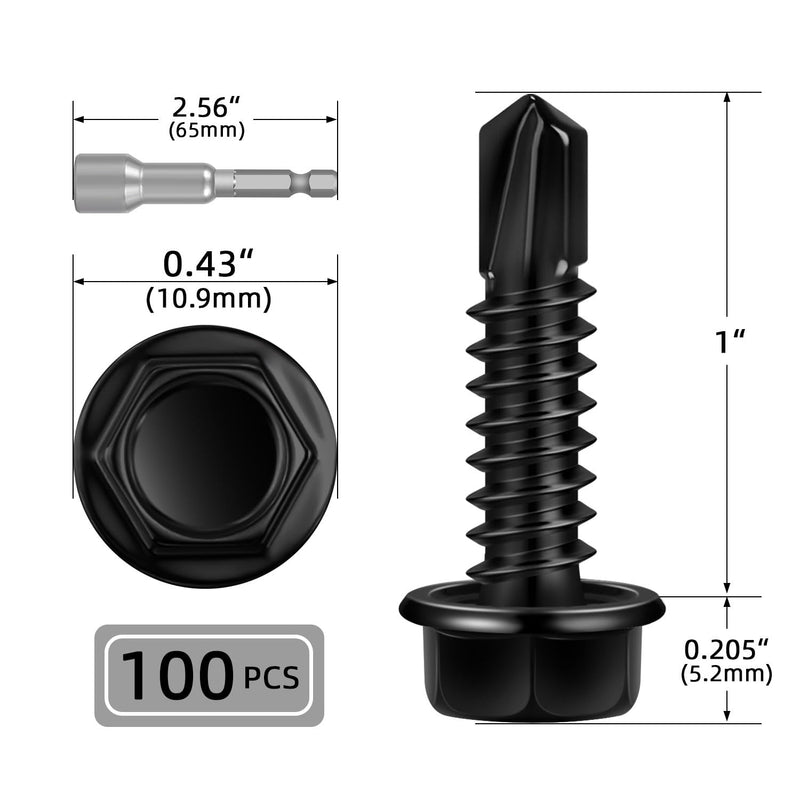 100 PCS #12 x 1 Sheet Metal Screws, Black Hex Washer Head Self Drilling Screw, Flanged Hex Self Tapping Screws, 410 Stainless Steel, Hex Bit Socket Included #12 x 1"