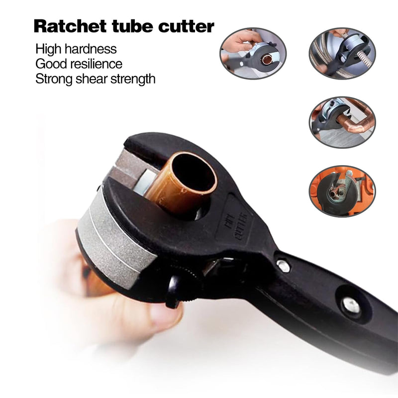 Ratchet pipe cutter 5/16"-1-1/8"| Compact 2-in-1 pipe cutter for narrow Spaces |PVC/Cu/plastic pipe cutter, equipped with ComfortGrip gloves + Pro deburring blade