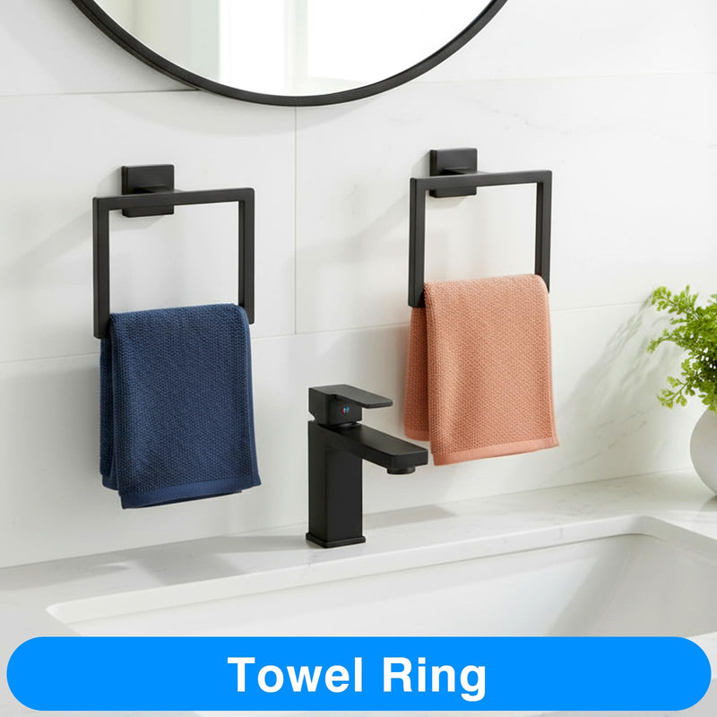 2 Pack Matte Black Towel Ring, Stainless Steel Hand Towel Holder, Modern Square Wall Mounted Bathroom Rack Hangers