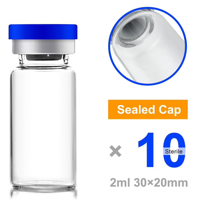 2ml Sealed Vials with Self Healing Injection Port and Plastic-Aluminum Flip Caps,Glass Empty Vials for Injection 10 Pack 2ml