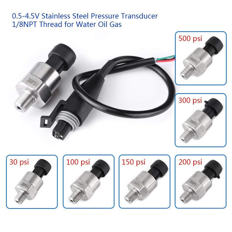 Pressure Transducer Sender Sensor for Oil Fuel 0.5-4.5V, Pressure Sender, 1/8" NPT Thread Stainless Steel, Compatible with Oil, Fuel, Air, Water(100PSI)