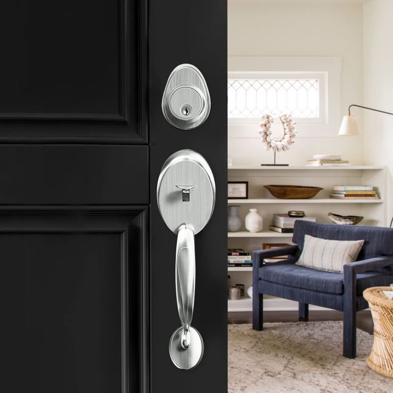 Front Door Handle Set Entry Door Lock Set Satin Nickel Entrance Handle Set with Lock, with Single Cylinder Deadbolt and Knob Handle, Reversible for Right & Left Handed Doors (Antique_1077) Antique