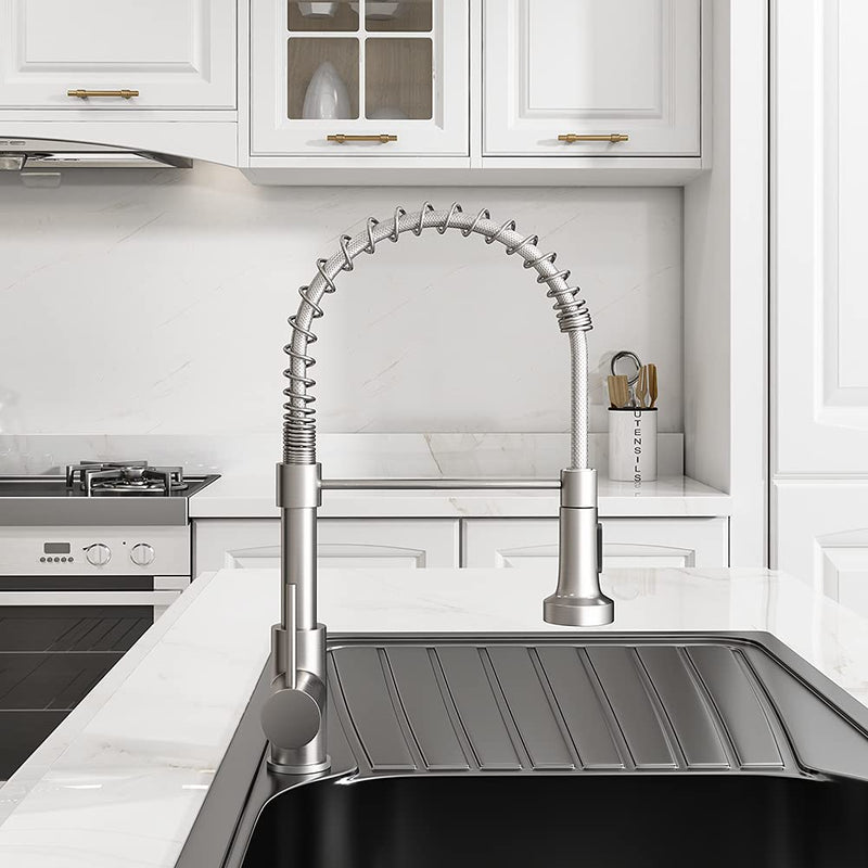 OWOFAN Kitchen Faucet with Pull Down Sprayer Brushed Nickel Stainless Steel 1 Handle Pull Out Spring Sink Faucets 1 Hole Or 3 Hole Dual Function for Farmhouse Camper Laundry Utility Rv Wet Bar Classic A-Brushed Nickel