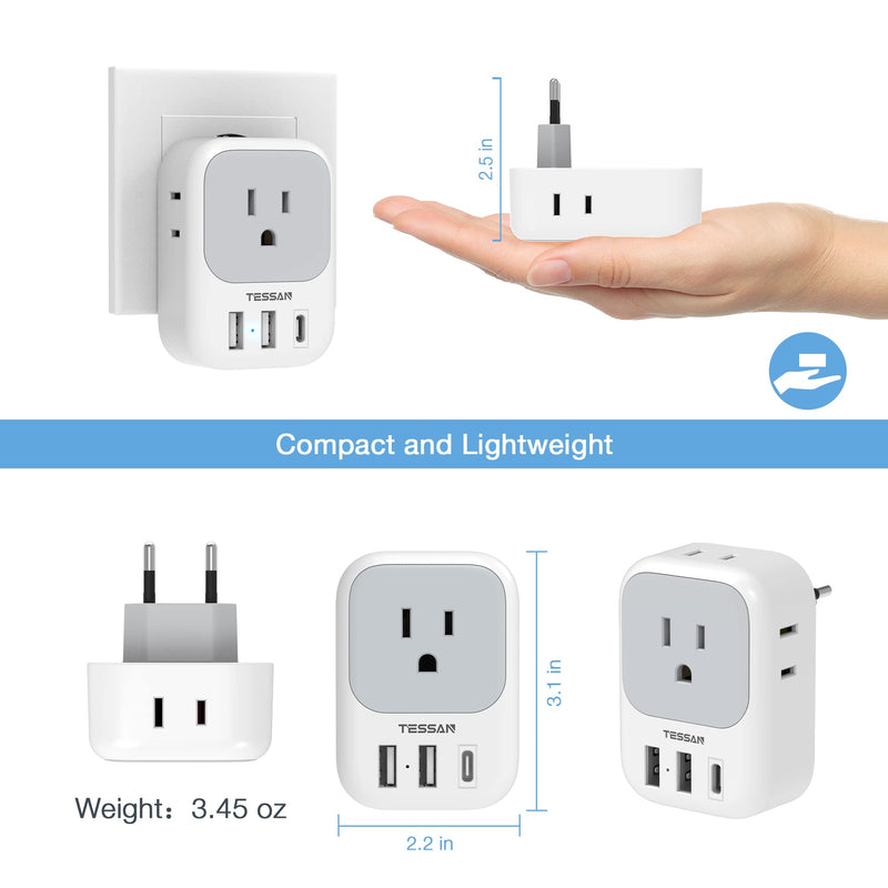 TESSAN 3 Pack European Travel Plug Adapter USB C, US to Europe Plug Adapter with 4 AC Outlets and 3 USB Charger, Type C Power Adaptor for USA to EU Euro Spain France Iceland Italy Germany Greece Gray&White-Type C