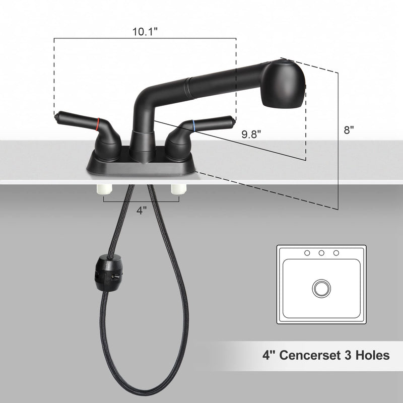 Utility Sink Faucet, Laundry Room Faucet with Pull Out Sprayer, Laundry Tub ABS Plastic Faucet, 4 Inch Centerset 3 Holes Installation Non-Metallic, Matte Black