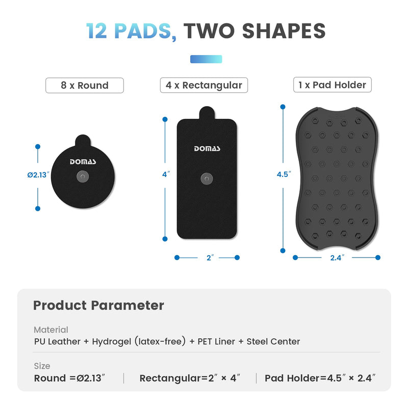 DOMAS TENS Electrode Pads (Compatible with PowerDot 2.0 Cable Connector), 12-Pad Set with Pad Holder, Reusable 2.1" Round & 2" x 4" Rectangular