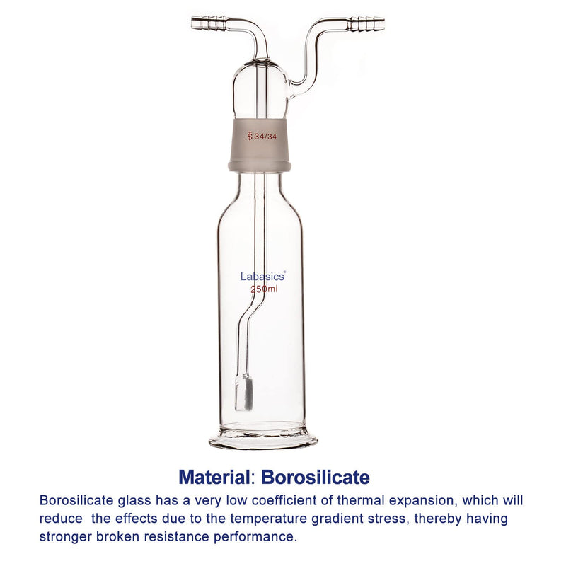 Labasics Gas Washing Bottle, Borosilicate Glass 34/34 Stopper Gas Bubbler Gas Washing Bottle with Fritted Disc and 10 mm OD Inlet/Outlet Hoses, 250 ml 8.5 Ounces