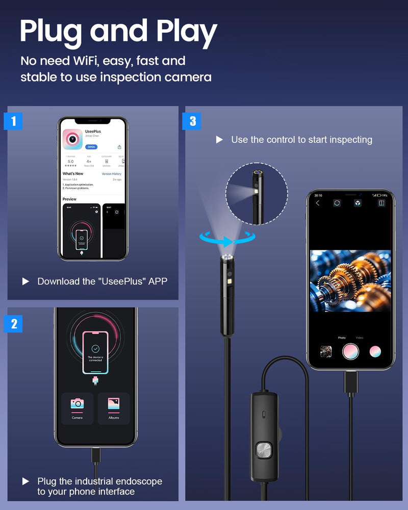 Endoscope Camera with Light, 1920P HD Borescope Pipe Inspection Camera with 8 LED Lights, Waterproof 16.4FT Semi-Rigid Snake Camera, Industrial Bore Scope for iPhone Android Phone Dual Lens