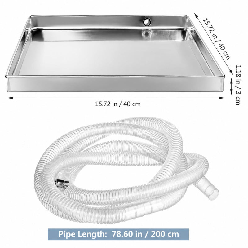 Air Conditioner Drip Pan 16 Inch Stainless Steel External Unit Water Tray with 6.5 Feet Drain Hose and Clamp Universal Ac Drain Pan for Portable and Outdoor Air Conditioning Units Silver 40.00X40.00X3.50CM