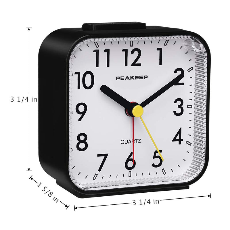 Peakeep Small Battery Operated Analog Travel Alarm Clock Silent No Ticking, Lighted on Demand and Snooze, Beep Sounds, Gentle Wake, Ascending Alarm, Easy Set (Black) Black