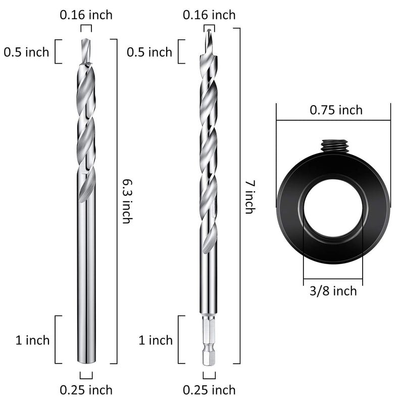 4 Pieces 3/8 Inch Pocket Hole Drill Bit with Depth Stop Collar 1/4 Hex Shank and Round Shank Replacement Twist Step Drills for Manual Pocket Hole Guide Jig Master System (6.3 Inch Length)