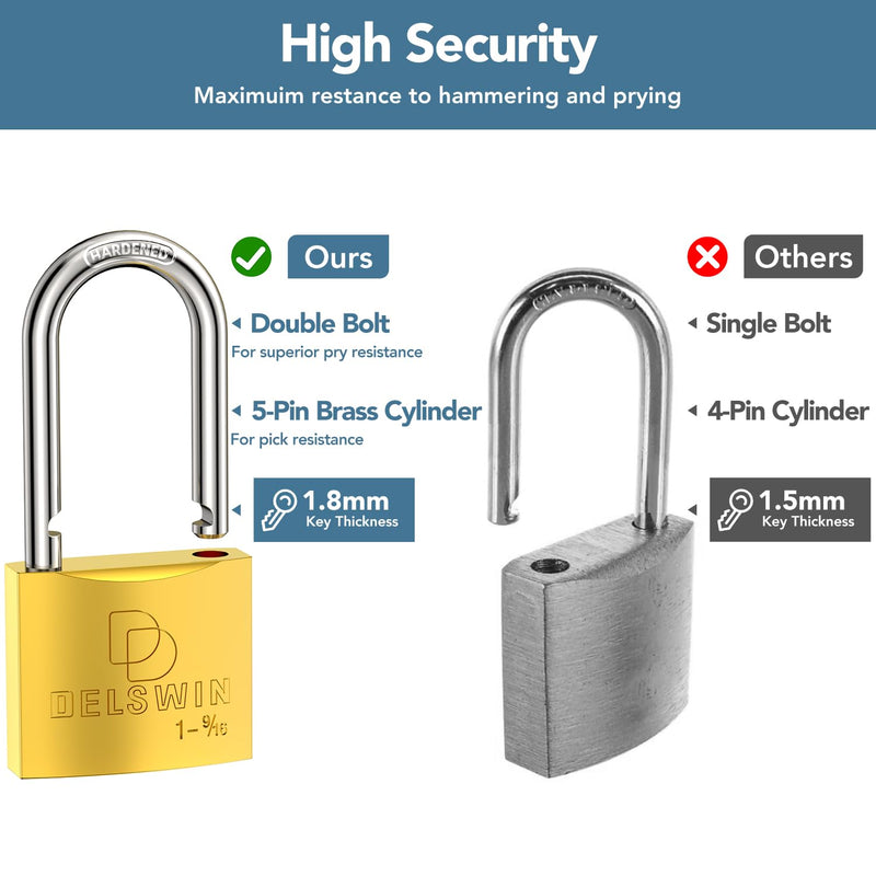 DELSWIN Weatherproof Padlock with Key - Heavy Duty Gym Locker Lock with 1-9/16" Solid Brass Lock Body, Hardened Steel Shackle, Marine Grade Pad Lock for Outdoor Gate, Fence, Shed (Keyed Alike, 2 Pack) 2Pcs Keyed Alike