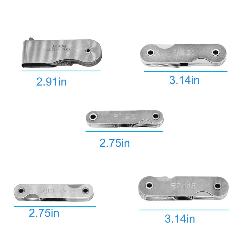 5Pcs Stainless Steel Radius Gauge, Portable Concave Convex External Internal Arc Measuring Tool Radius Fillet Gauge Set R0.3-1.5mm/ R1-6.5mm/ R7-14.5mm/ R15-25mm/ R25-50mm