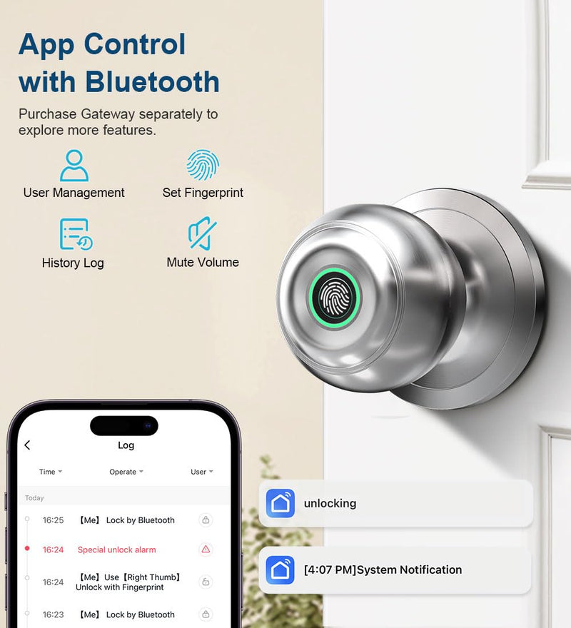 Smart Fingerprint Door Knob with App Control & Key, Keyless Thumbprint Entry for Bedroom, Home, Apartment, Office - Satin Nickel